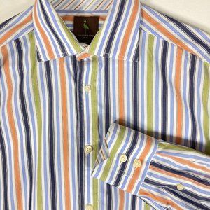 Tailorbyrd Classic Fit Green Blue Striped Cotton Dress Shirt Sz M/M Flip Cuffs